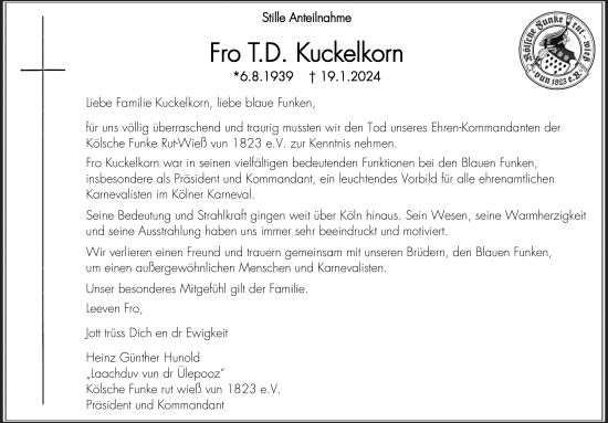 Anzeige von Fro T.D. Kuckelkorn von Kölner Stadt-Anzeiger / Kölnische Rundschau / Express