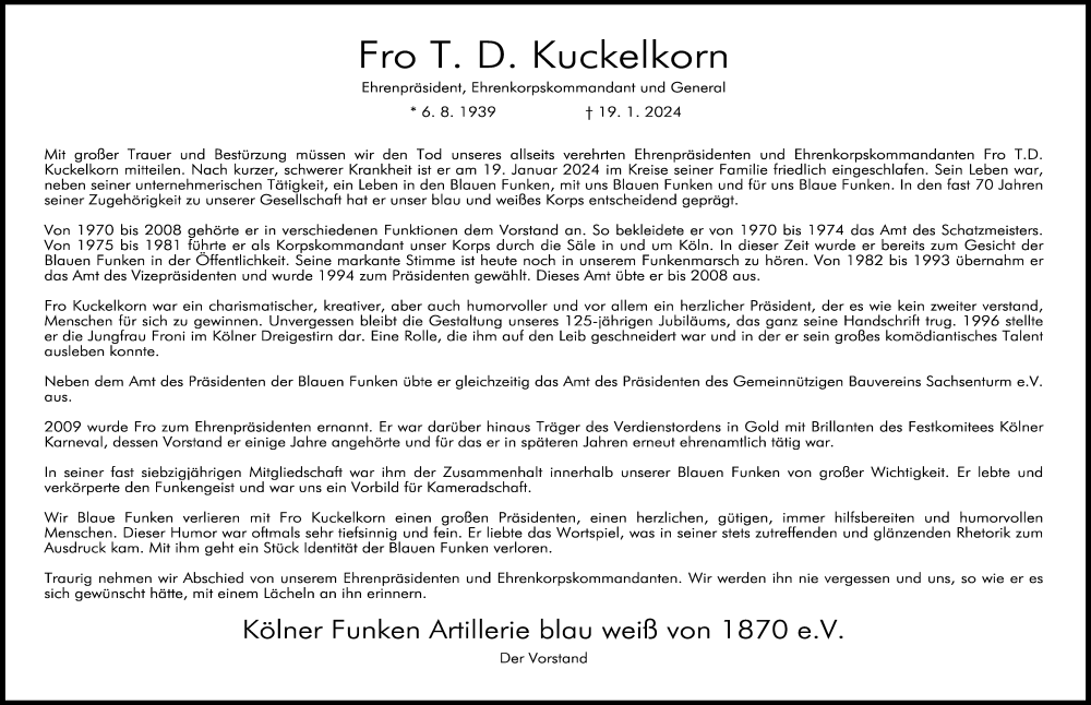  Traueranzeige für Fro T. D. Kuckelkorn vom 27.01.2024 aus Kölner Stadt-Anzeiger / Kölnische Rundschau / Express