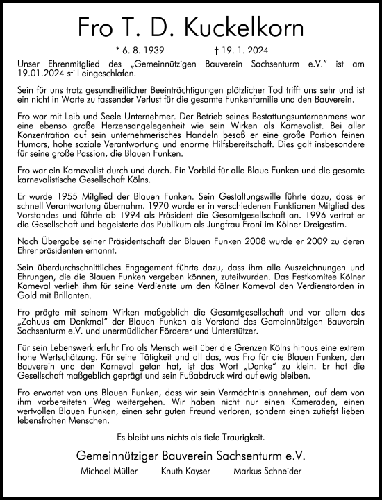Anzeige von Fro T. D. Kuckelkorn von Kölner Stadt-Anzeiger / Kölnische Rundschau / Express