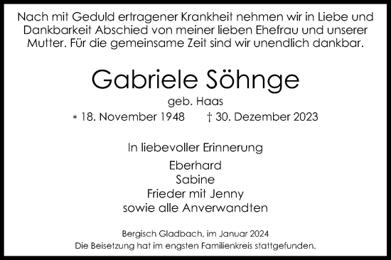 Anzeige von Gabriele Söhnge von Kölner Stadt-Anzeiger / Kölnische Rundschau / Express