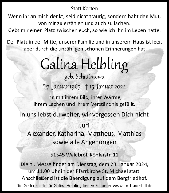 Anzeige von Galina Helbling von Kölner Stadt-Anzeiger / Kölnische Rundschau / Express