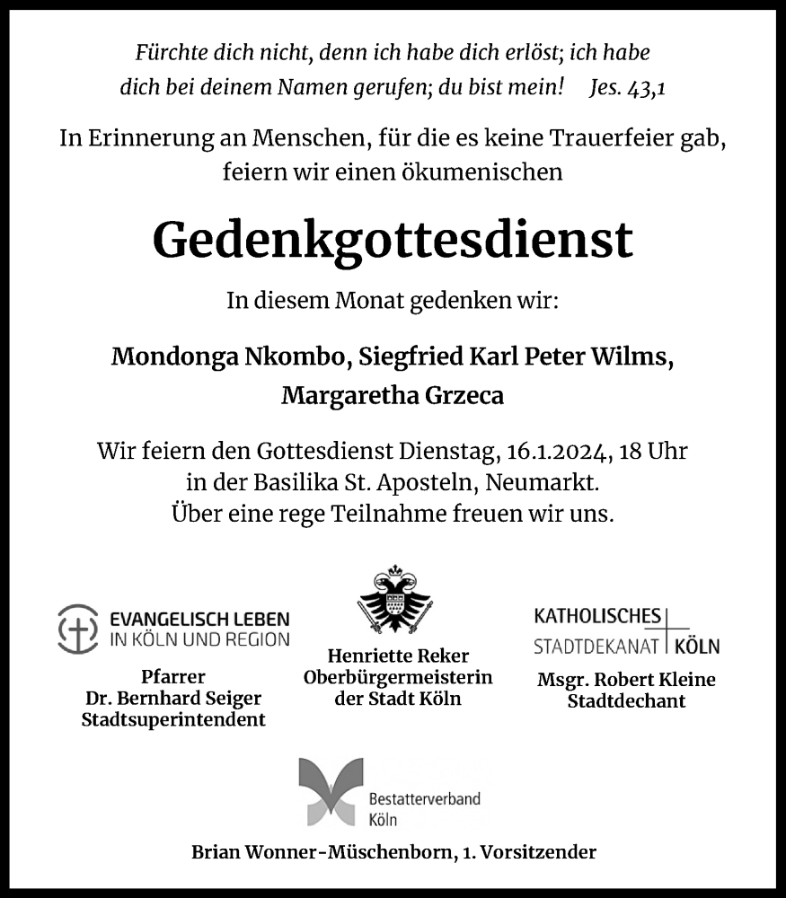  Traueranzeige für Gedenkgottesdienst  vom 13.01.2024 aus Kölner Stadt-Anzeiger / Kölnische Rundschau / Express