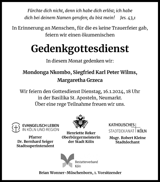 Anzeige von Gedenkgottesdienst  von Kölner Stadt-Anzeiger / Kölnische Rundschau / Express