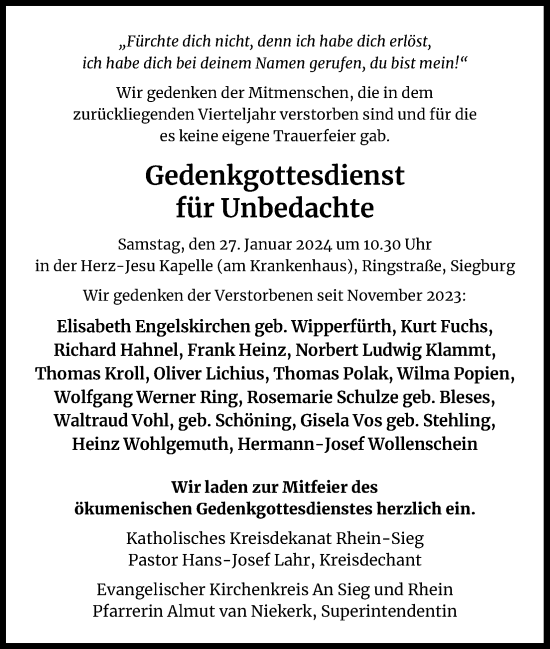 Anzeige von Gedenkgottesdienst  von Kölner Stadt-Anzeiger / Kölnische Rundschau / Express