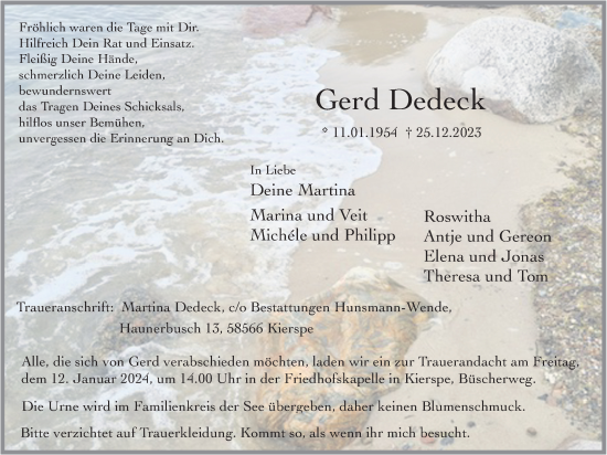 Anzeige von Gerd Dedeck von Kölner Stadt-Anzeiger / Kölnische Rundschau / Express