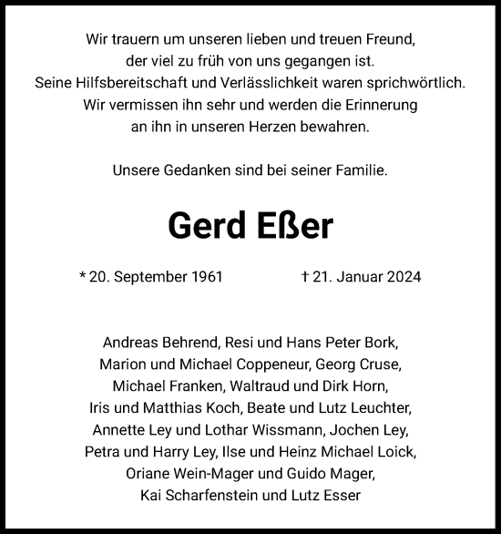 Anzeige von Gerd Eßer von Kölner Stadt-Anzeiger / Kölnische Rundschau / Express