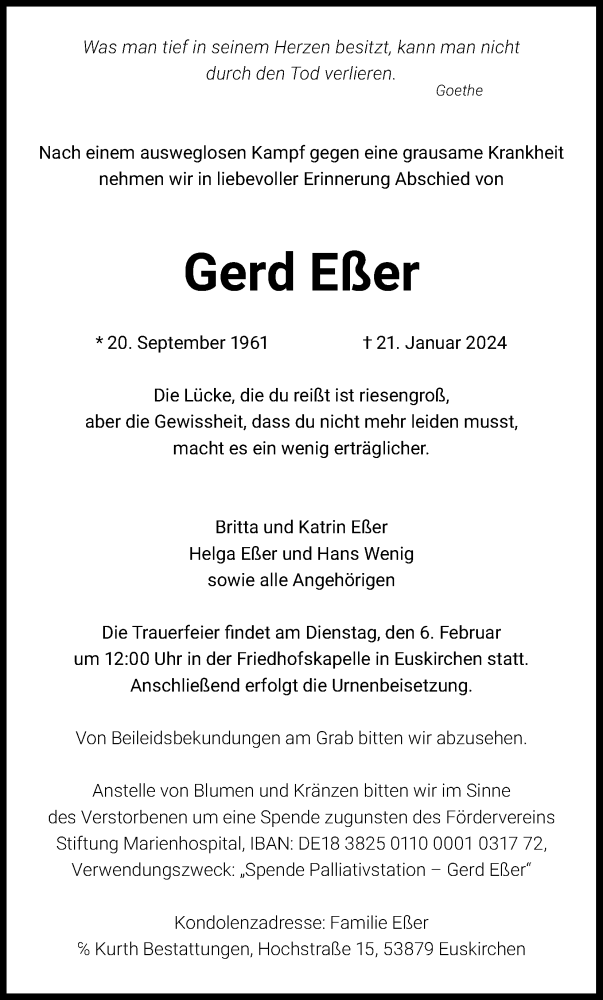  Traueranzeige für Gerd Eßer vom 27.01.2024 aus Kölner Stadt-Anzeiger / Kölnische Rundschau / Express