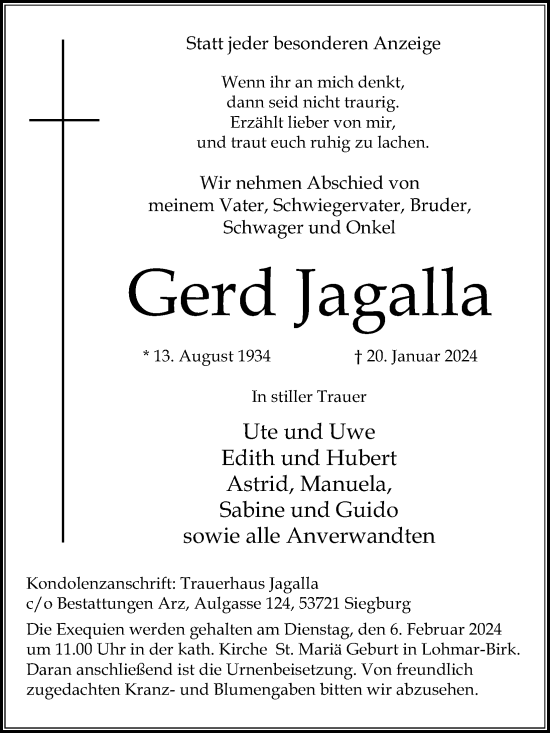 Anzeige von Gerd Jagalla von Kölner Stadt-Anzeiger / Kölnische Rundschau / Express