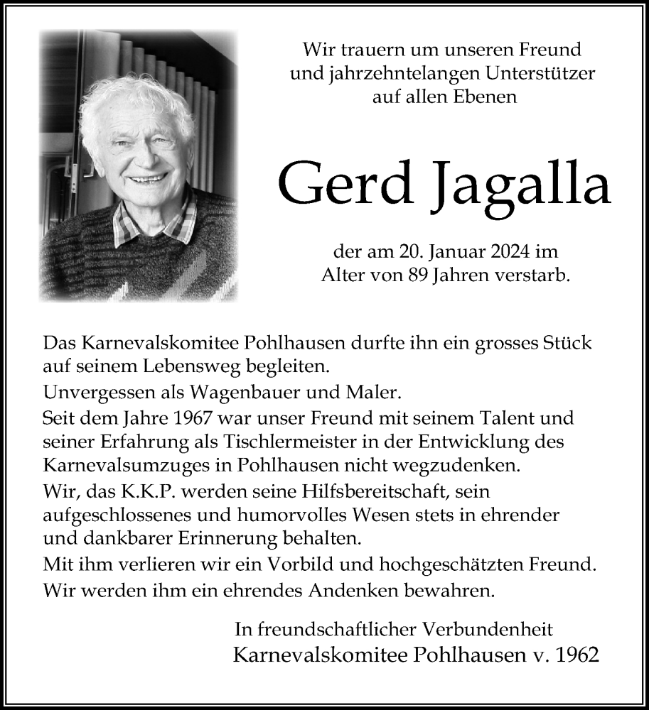  Traueranzeige für Gerd Jagalla vom 27.01.2024 aus Kölner Stadt-Anzeiger / Kölnische Rundschau / Express