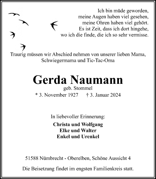 Anzeige von Gerda Naumann von Kölner Stadt-Anzeiger / Kölnische Rundschau / Express
