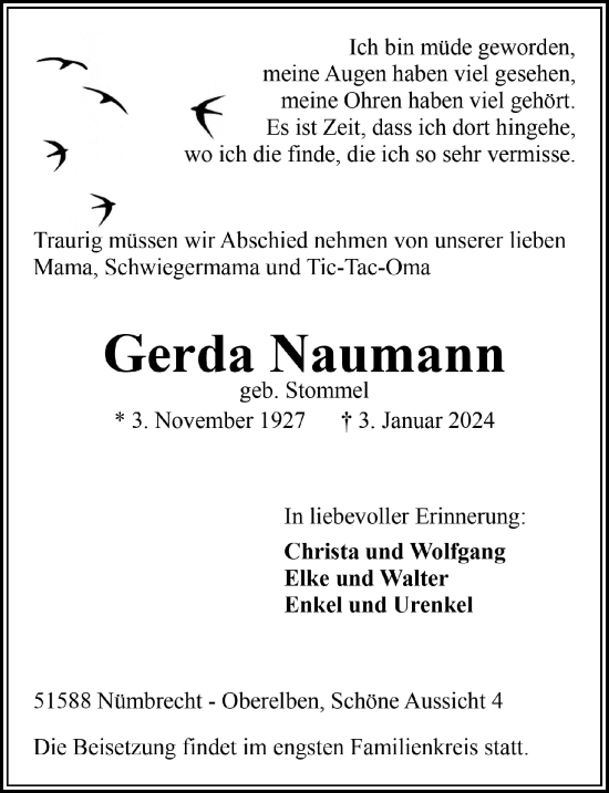 Anzeige von Gerda Naumann von  Lokalanzeiger 