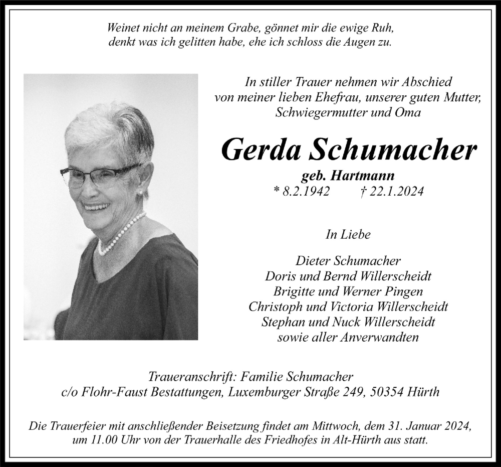  Traueranzeige für Gerda Schumacher vom 26.01.2024 aus  Wochenende 