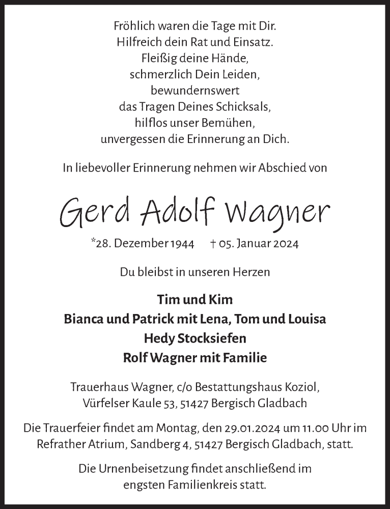  Traueranzeige für Gerd Adolf Wagner vom 19.01.2024 aus  Bergisches Handelsblatt 