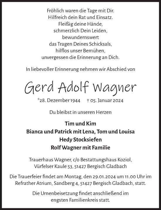 Anzeige von Gerd Adolf Wagner von  Bergisches Handelsblatt 