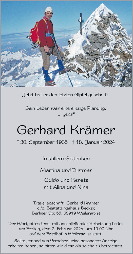  Traueranzeige für Gerhard Krämer vom 27.01.2024 aus  Blickpunkt Euskirchen 