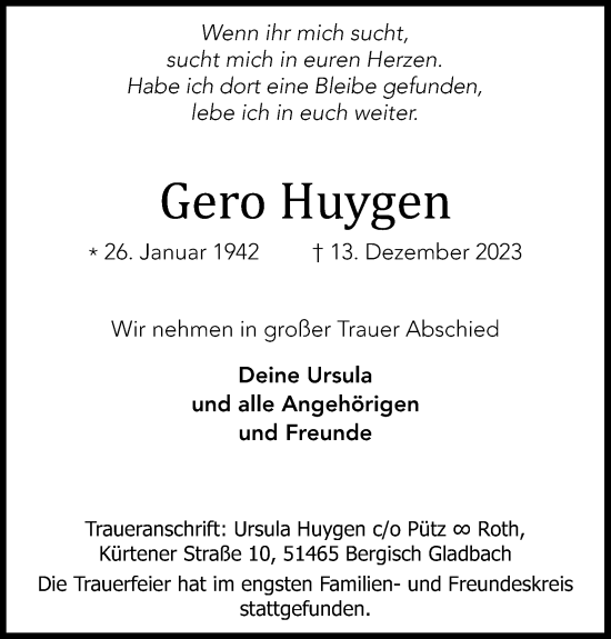 Anzeige von Gero Huygen von Kölner Stadt-Anzeiger / Kölnische Rundschau / Express