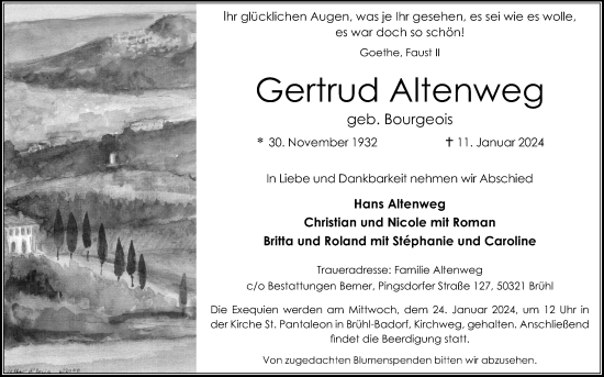 Anzeige von Gertrud Altenweg von Kölner Stadt-Anzeiger / Kölnische Rundschau / Express