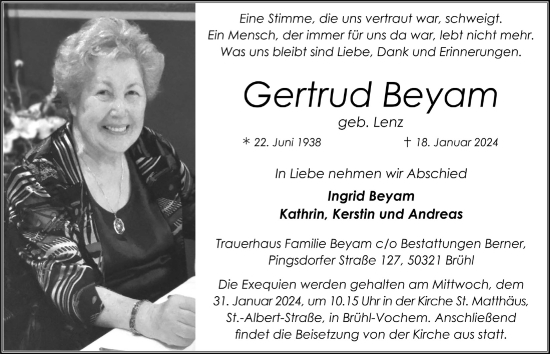 Anzeige von Gertrud Beyam von  Schlossbote/Werbekurier 