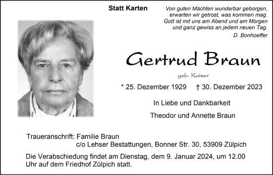 Anzeige von Gertrud Braun von  Blickpunkt Euskirchen 