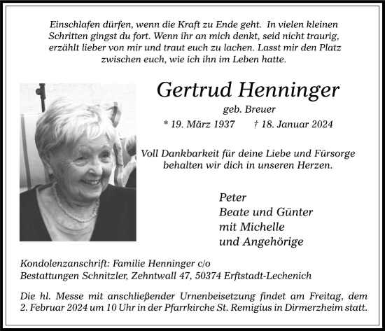 Anzeige von Gertrud Henninger von  Werbepost 