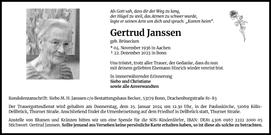 Anzeige von Gertrud Janssen von Kölner Stadt-Anzeiger / Kölnische Rundschau / Express