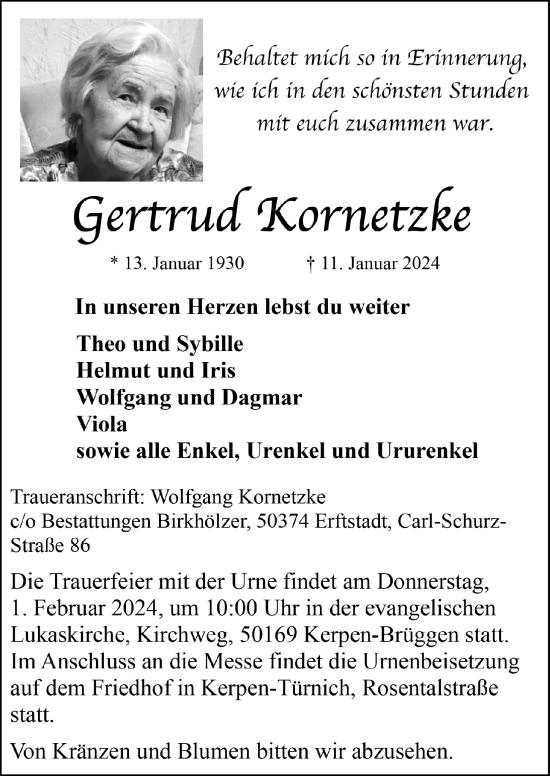 Anzeige von Gertrud Kornetzke von  Werbepost 
