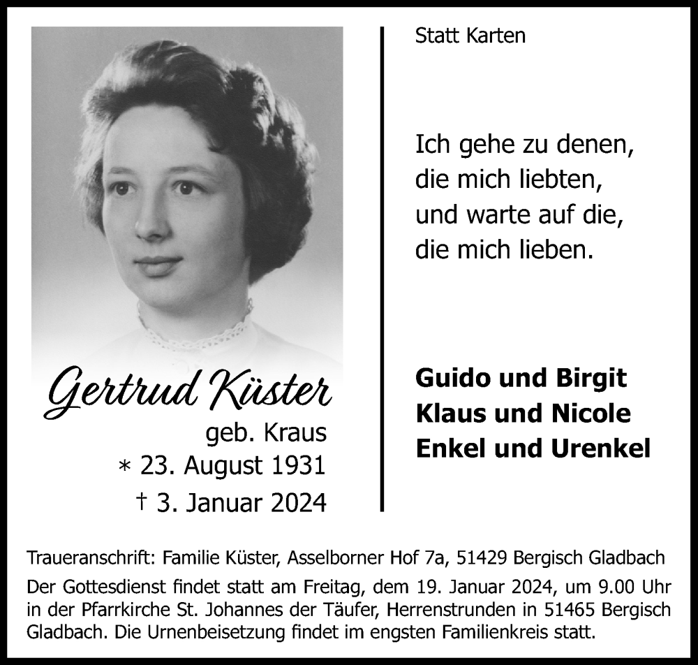  Traueranzeige für Gertrud Küster vom 13.01.2024 aus Kölner Stadt-Anzeiger / Kölnische Rundschau / Express