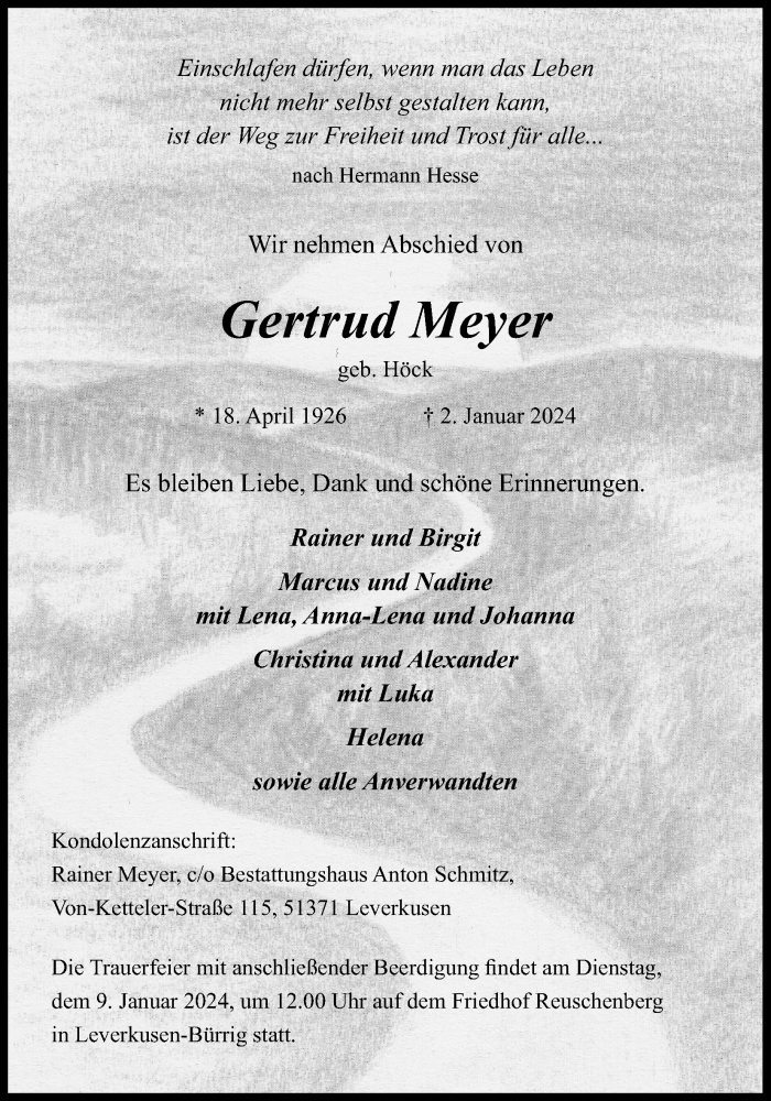  Traueranzeige für Gertrud Meyer vom 05.01.2024 aus Kölner Stadt-Anzeiger / Kölnische Rundschau / Express