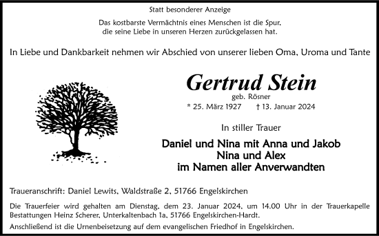 Anzeige von Gertrud Stein von Kölner Stadt-Anzeiger / Kölnische Rundschau / Express