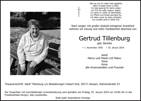 Anzeige von Gertrud Tillenburg von  Wochenende  Werbepost 