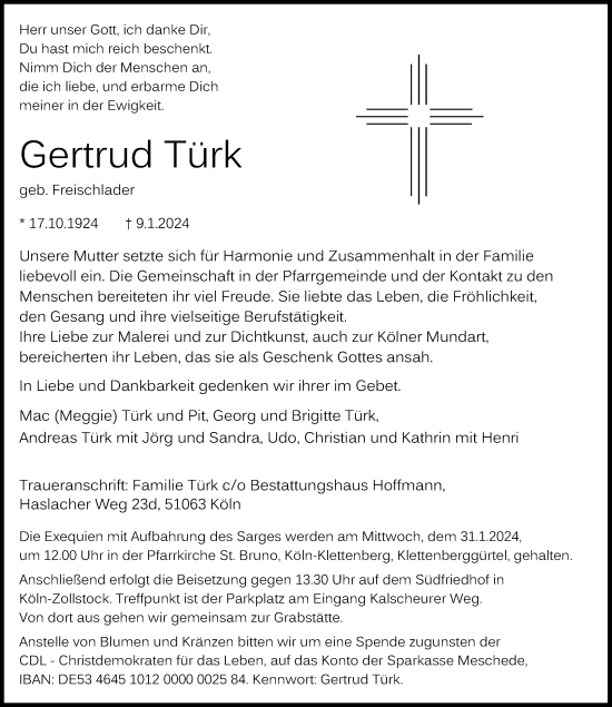 Anzeige von Gertrud Türk von Kölner Stadt-Anzeiger / Kölnische Rundschau / Express