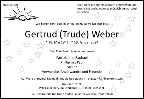 Anzeige von Gertrud Weber von Kölner Stadt-Anzeiger / Kölnische Rundschau / Express