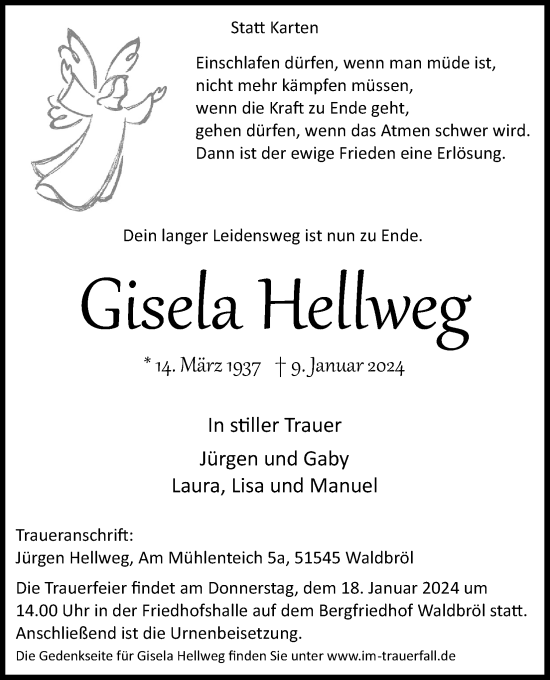 Anzeige von Gisela Hellweg von Kölner Stadt-Anzeiger / Kölnische Rundschau / Express