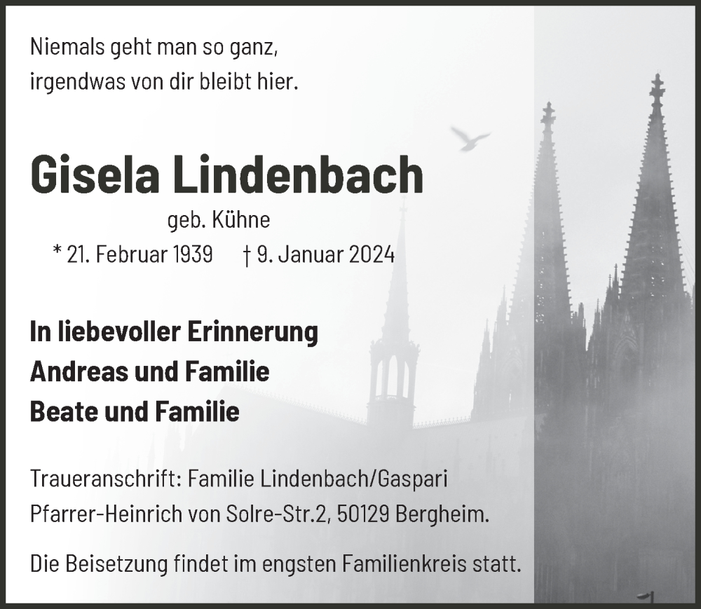  Traueranzeige für Gisela Lindenbach vom 19.01.2024 aus  Werbepost 