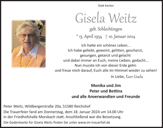 Anzeige von Gisela Weitz von  Lokalanzeiger 