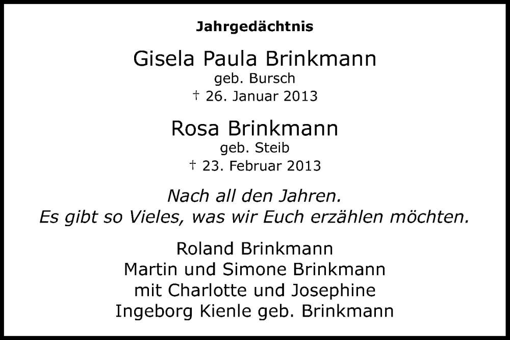  Traueranzeige für Gisela Paula Brinkmann vom 18.07.2023 aus Kölner Stadt-Anzeiger / Kölnische Rundschau / Express