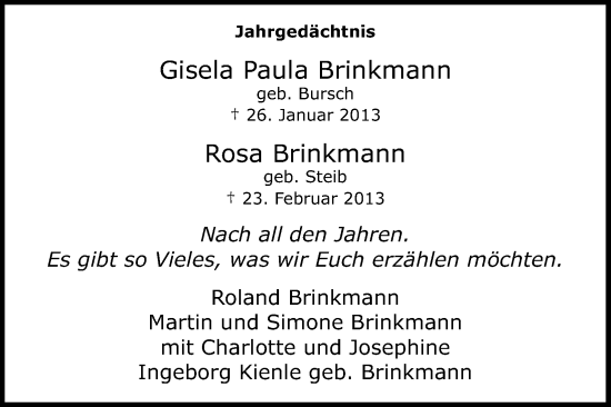 Anzeige von Gisela Paula Brinkmann von Kölner Stadt-Anzeiger / Kölnische Rundschau / Express