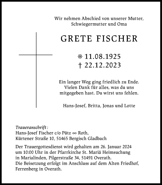 Anzeige von Grete Fischer von Kölner Stadt-Anzeiger / Kölnische Rundschau / Express