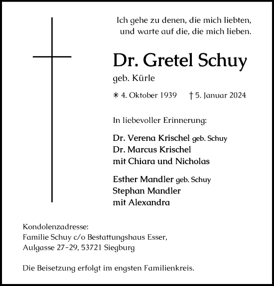 Anzeige von Gretel Schuy von Kölner Stadt-Anzeiger / Kölnische Rundschau / Express