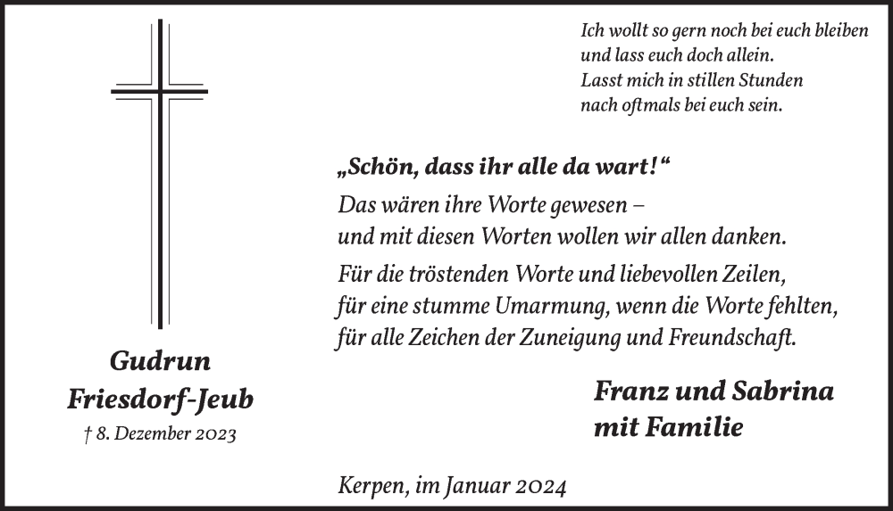 Traueranzeige für Gudrun Friesdorf-Jeub vom 12.01.2024 aus  Werbepost 