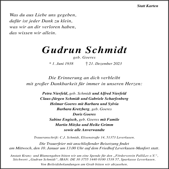 Anzeige von Gudrun Schmidt von Kölner Stadt-Anzeiger / Kölnische Rundschau / Express