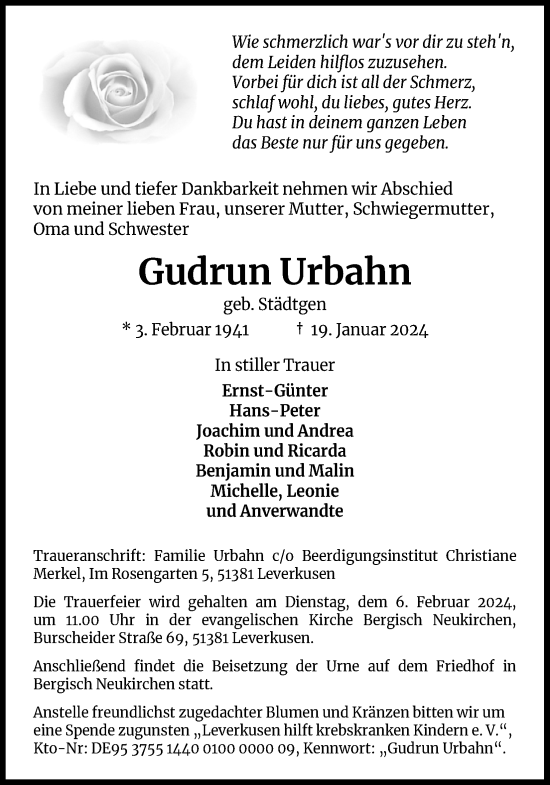 Anzeige von Gudrun Urbahn von Kölner Stadt-Anzeiger / Kölnische Rundschau / Express