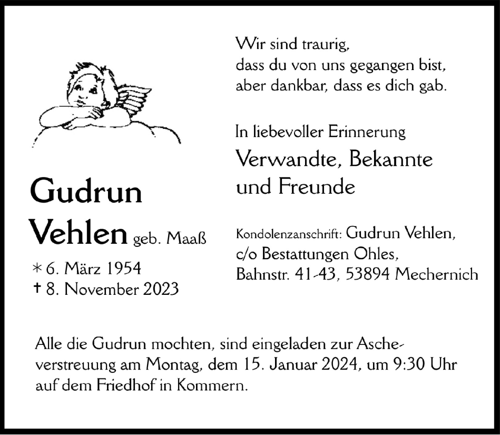  Traueranzeige für Gudrun Vehlen vom 13.01.2024 aus  Blickpunkt Euskirchen 
