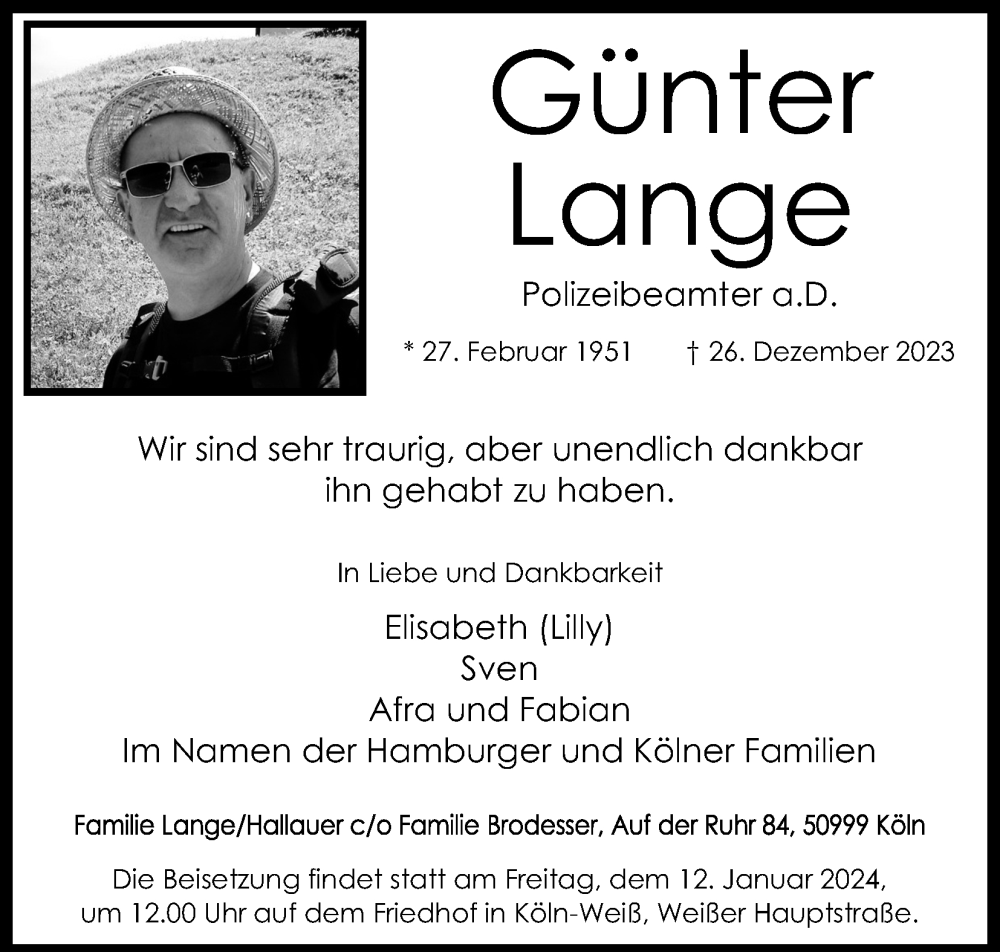  Traueranzeige für Günter Lange vom 06.01.2024 aus Kölner Stadt-Anzeiger / Kölnische Rundschau / Express