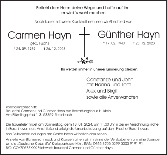 Anzeige von Günther Hayn von  Schaufenster/Blickpunkt 