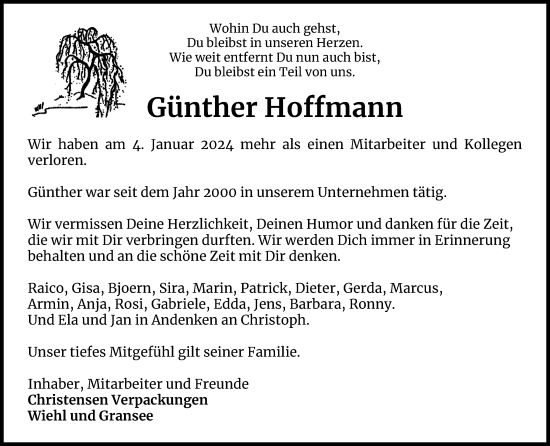 Anzeige von Günther Hoffmann von Kölner Stadt-Anzeiger / Kölnische Rundschau / Express