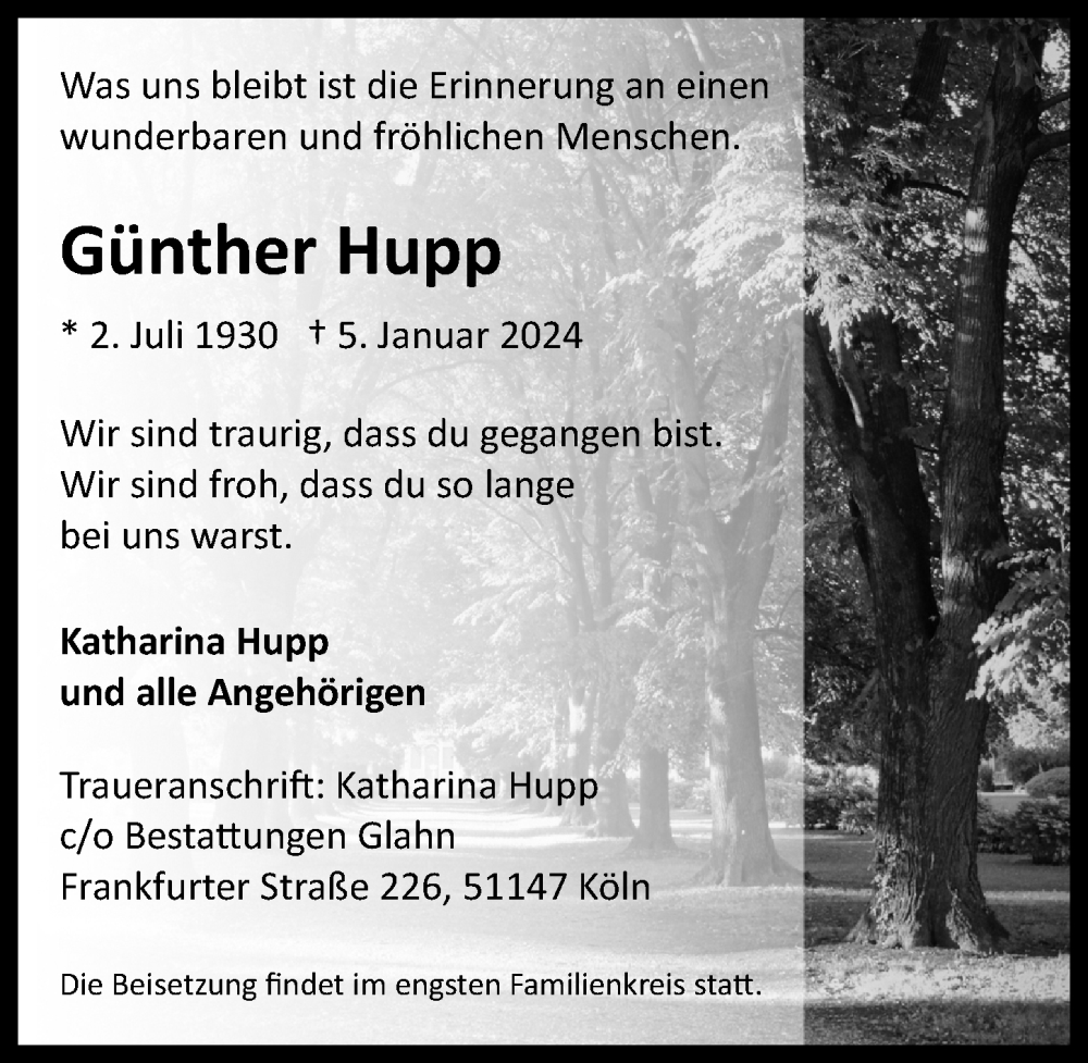  Traueranzeige für Günther Hupp vom 12.01.2024 aus  EXPRESS - Die Woche 