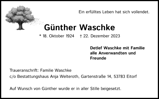 Anzeige von Günther Waschke von Kölner Stadt-Anzeiger / Kölnische Rundschau / Express
