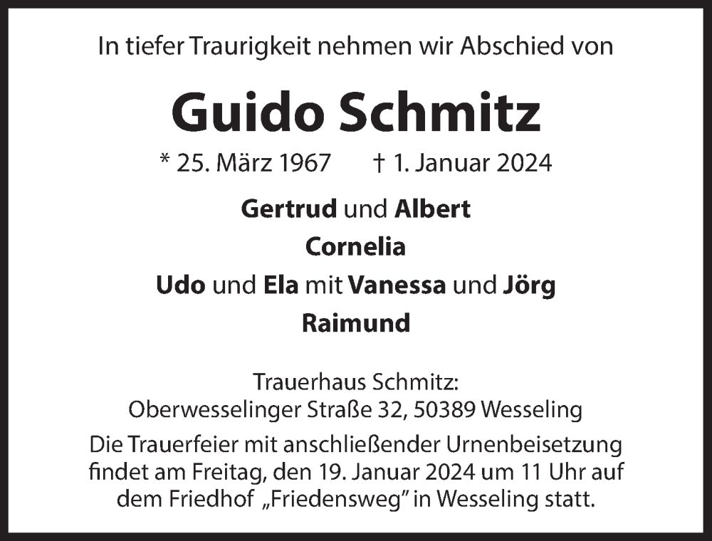  Traueranzeige für Guido Schmitz vom 12.01.2024 aus  Schlossbote/Werbekurier 