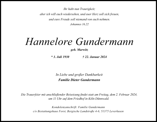 Anzeige von Hannelore Gundermann von Kölner Stadt-Anzeiger / Kölnische Rundschau / Express